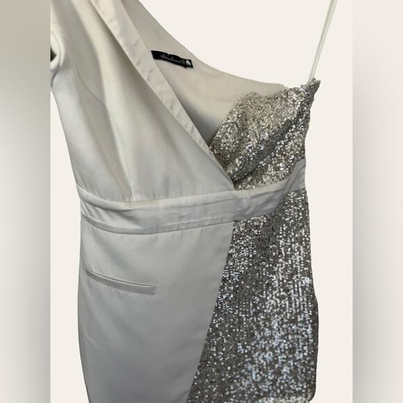 Elle Zeitoune Alexa Silver Sequined Long Sleeve Asymmetrical Mini Dress Size M - Picture 9 of 11